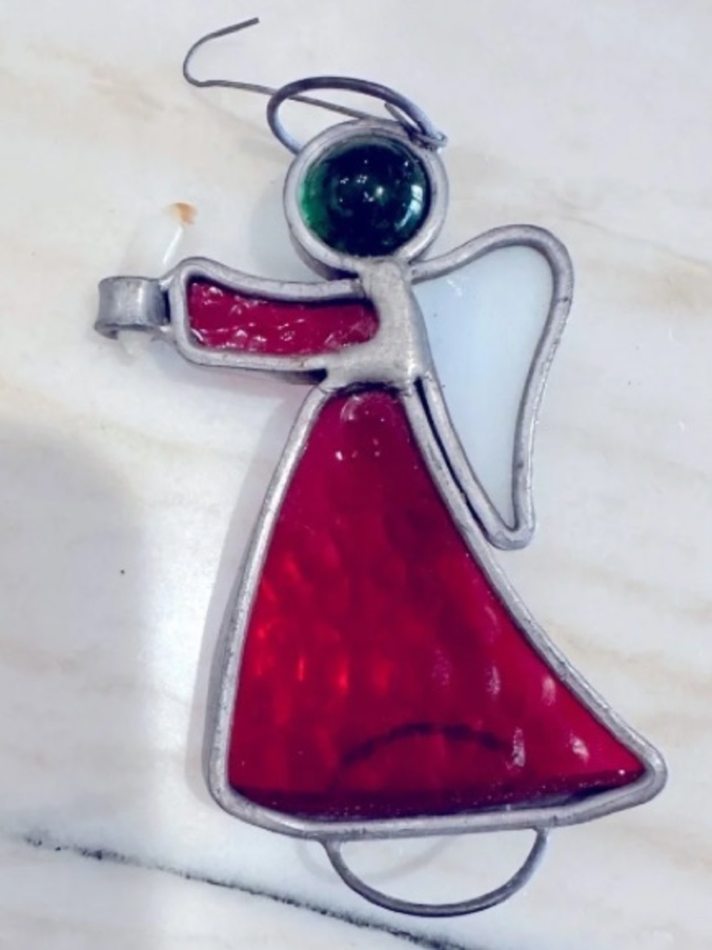 Stained Glass Angel Ornament - Red, White & Green Holiday Accent